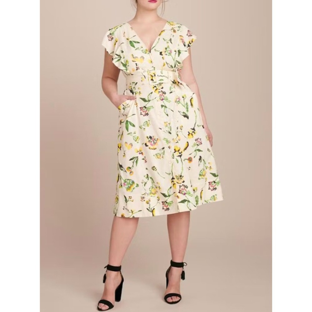 Tanya Taylor Floral Linen Blend Flutter Sleeve Button Front Dress Cream Size 14